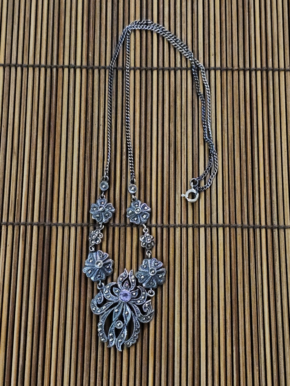 925 Silver Amethyst Marcasite Necklace (Vintage)